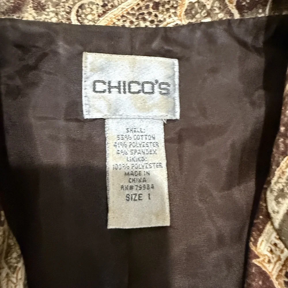 Chicos Size 1 Brown Paisley Design Suit Shiny Dressy Lined Blazer Jacket Festiva